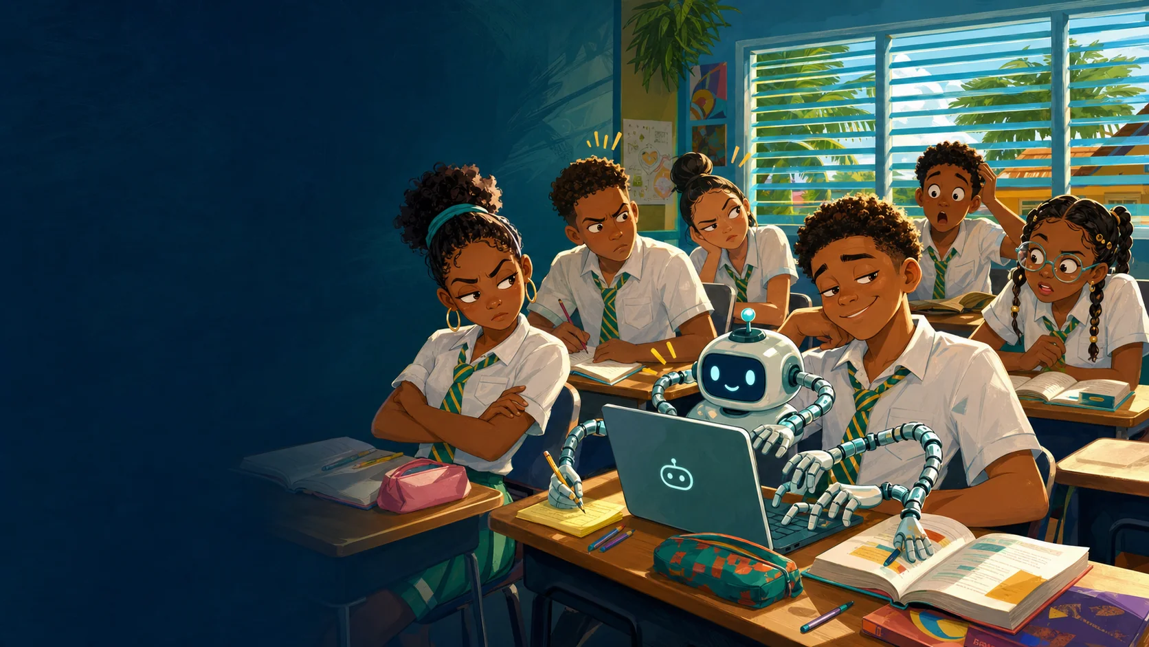Caribbean students react as another student uses an AI robot to complete schoolwork