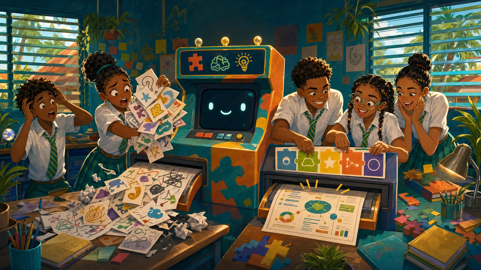 Caribbean students compare chaotic and organized results in a playful AI prompt arcade