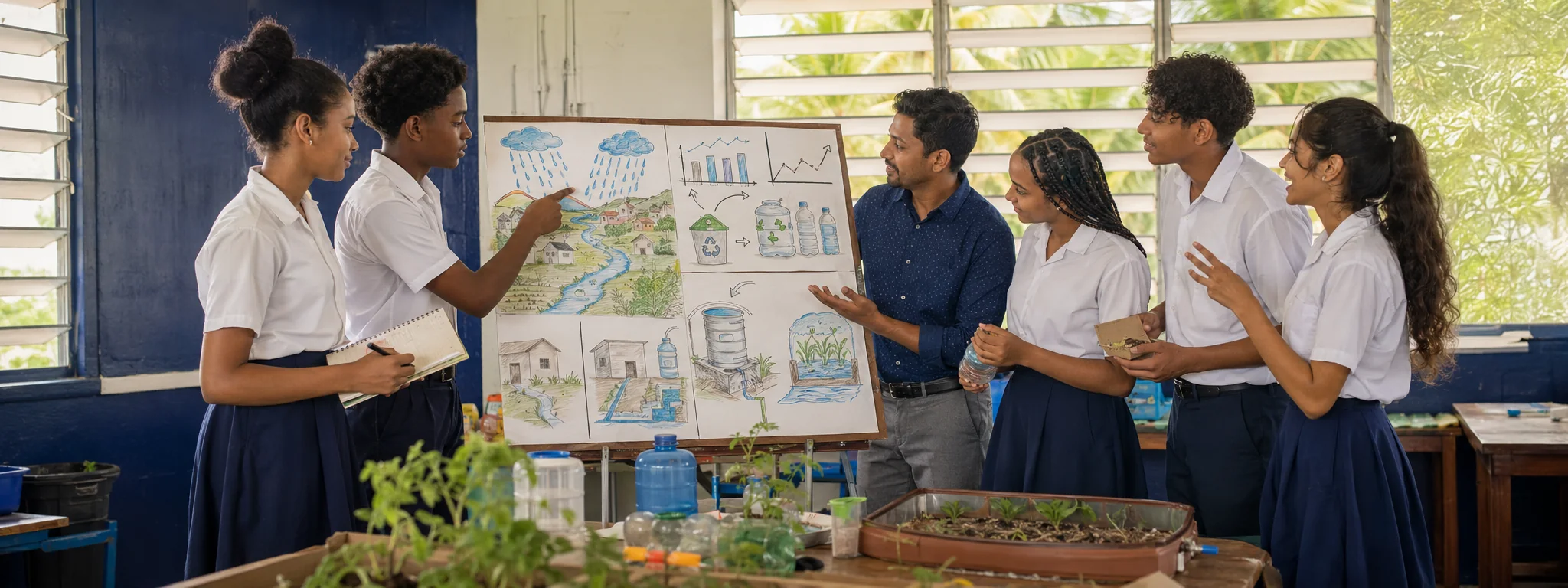Caribbean students and an educator discussing a local sustainability project