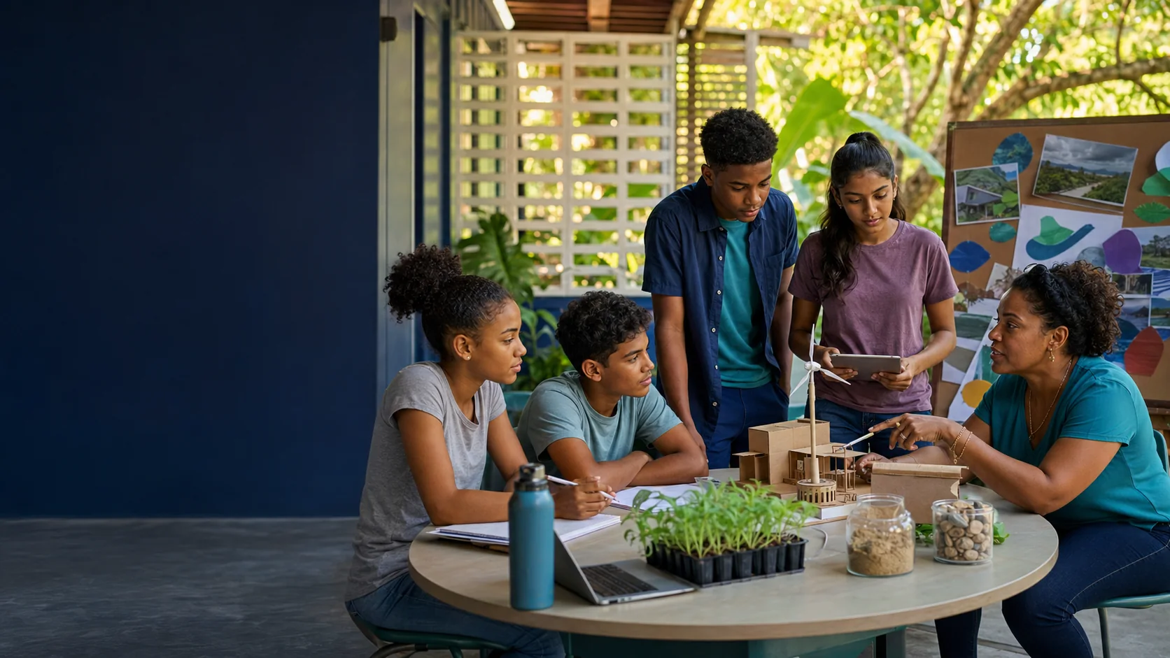 Caribbean educators guiding secondary-school students through a sustainability project