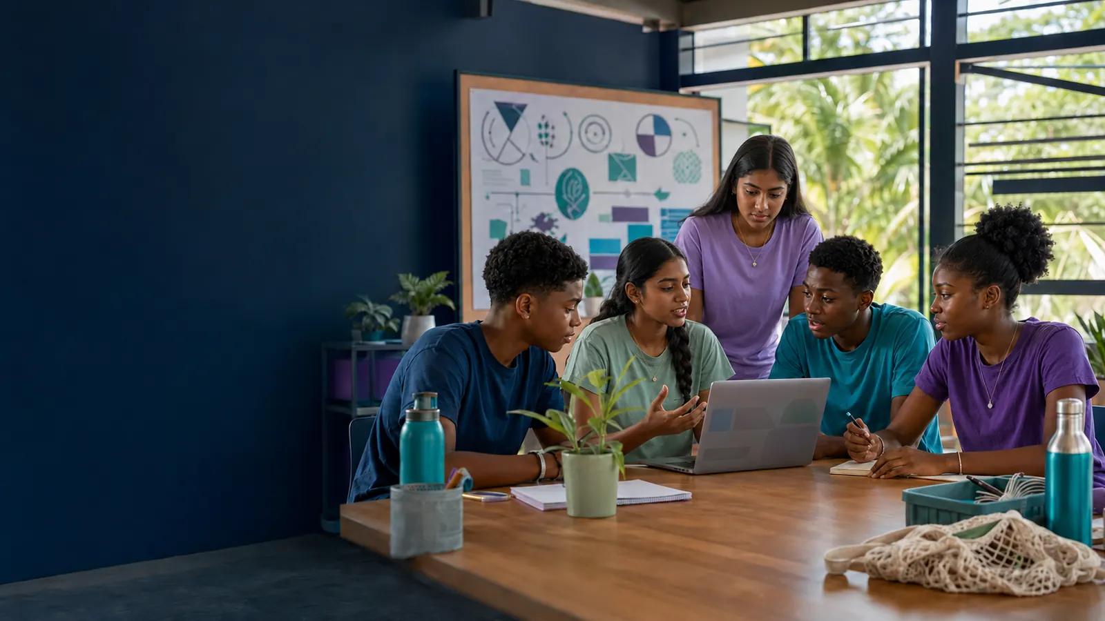Caribbean secondary-school students working together with a laptop on an education and sustainability project