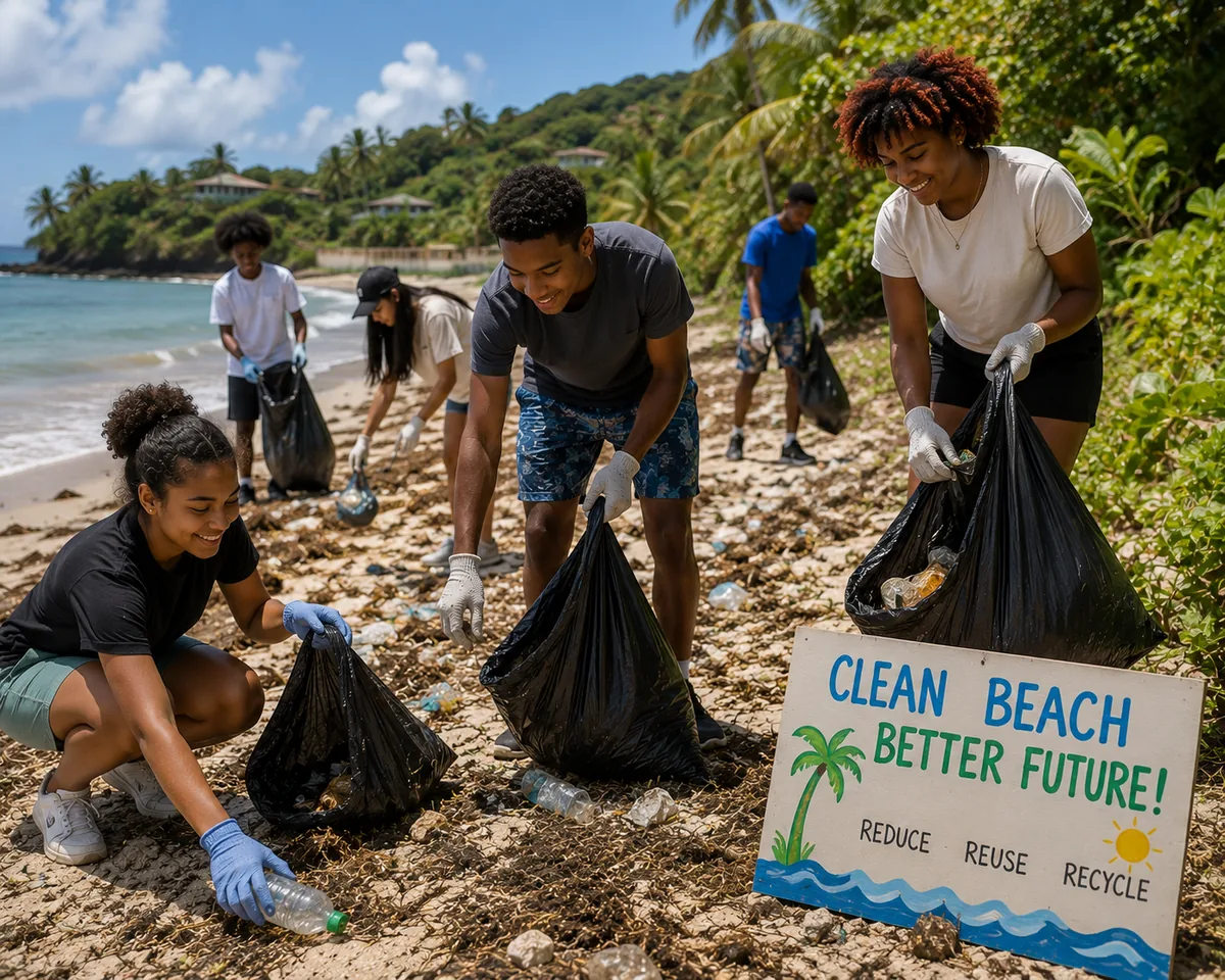 Students collecting litter during a beach clean-up campaign