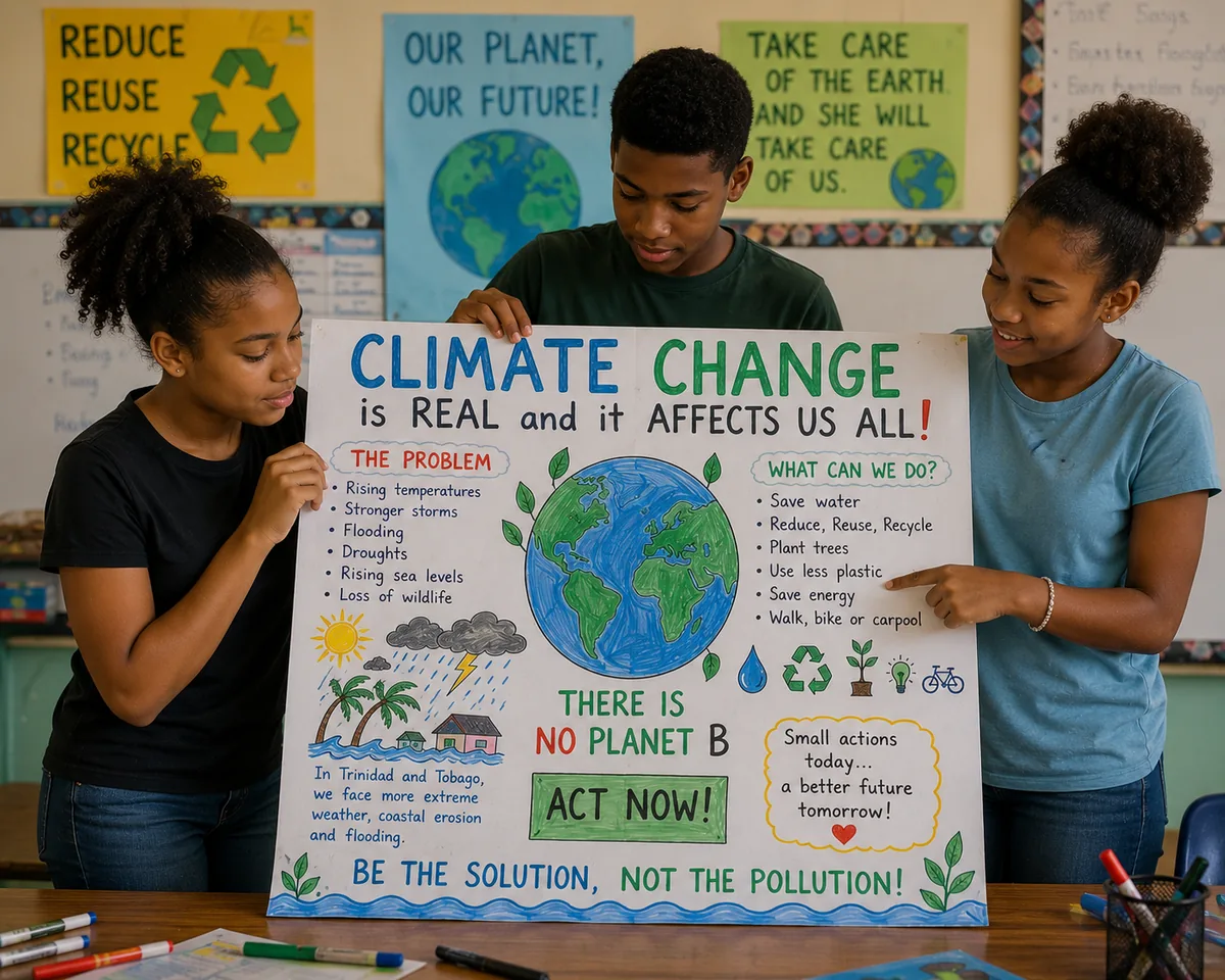 Students presenting a climate change awareness poster