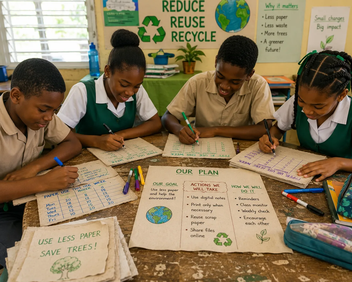 Students preparing a reduce paper challenge plan in class