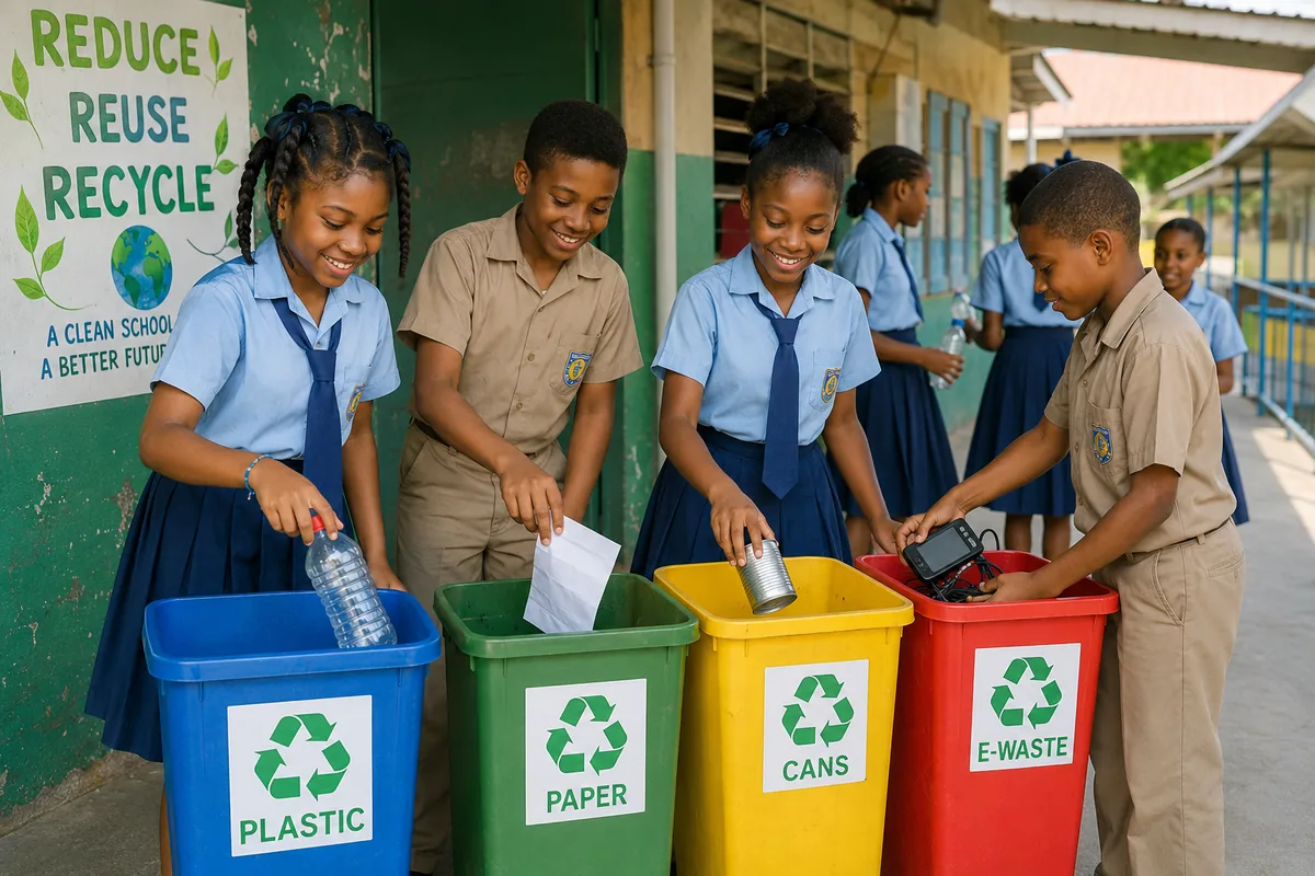 Students sorting bottles, paper, cans, and e-waste for a school recycling drive
