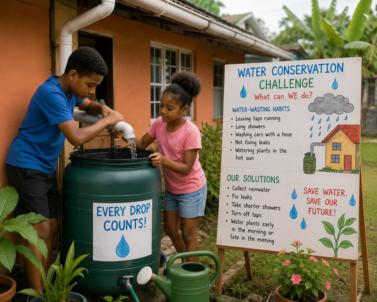 Students collecting rainwater for a water conservation challenge